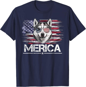 Vintage Husky Dog, Merica Husky Dog USA Flag Funny Kids Men T-Shirt - T-Shirt | Navy