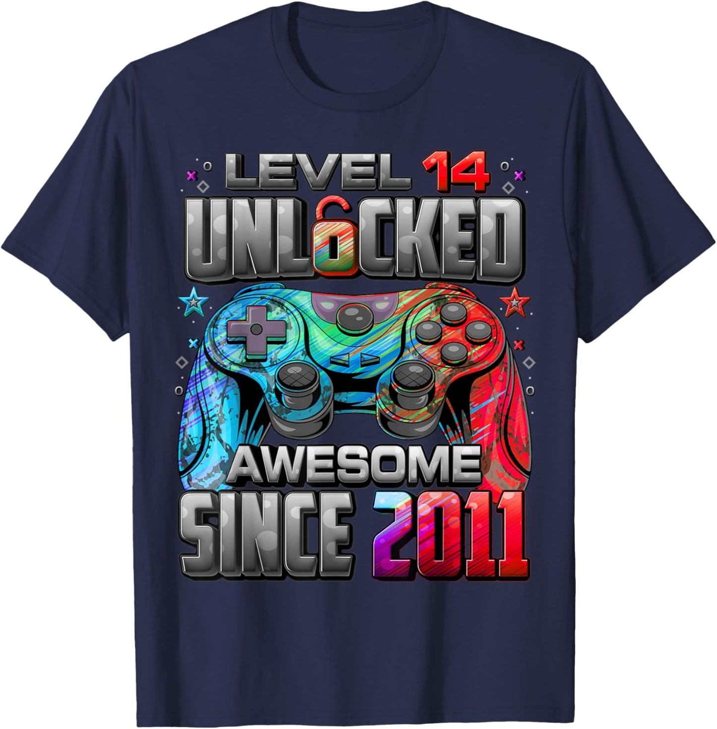 Level 14 Unlocked Awesome Since 2011 14th Birthday Gaming T-Shirt - T-Shirt | Navy