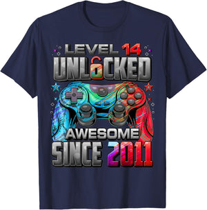Level 14 Unlocked Awesome Since 2011 14th Birthday Gaming T-Shirt - T-Shirt | Navy