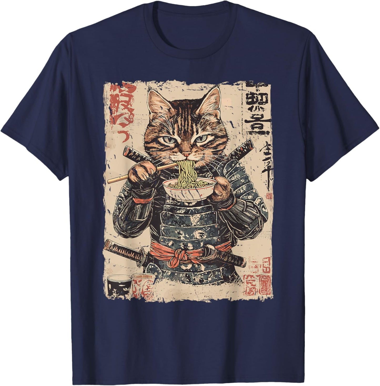 Samurai Cat Loves Ramen Funny Anime Japanese Artwork Samurai T-Shirt - T-Shirt | Navy