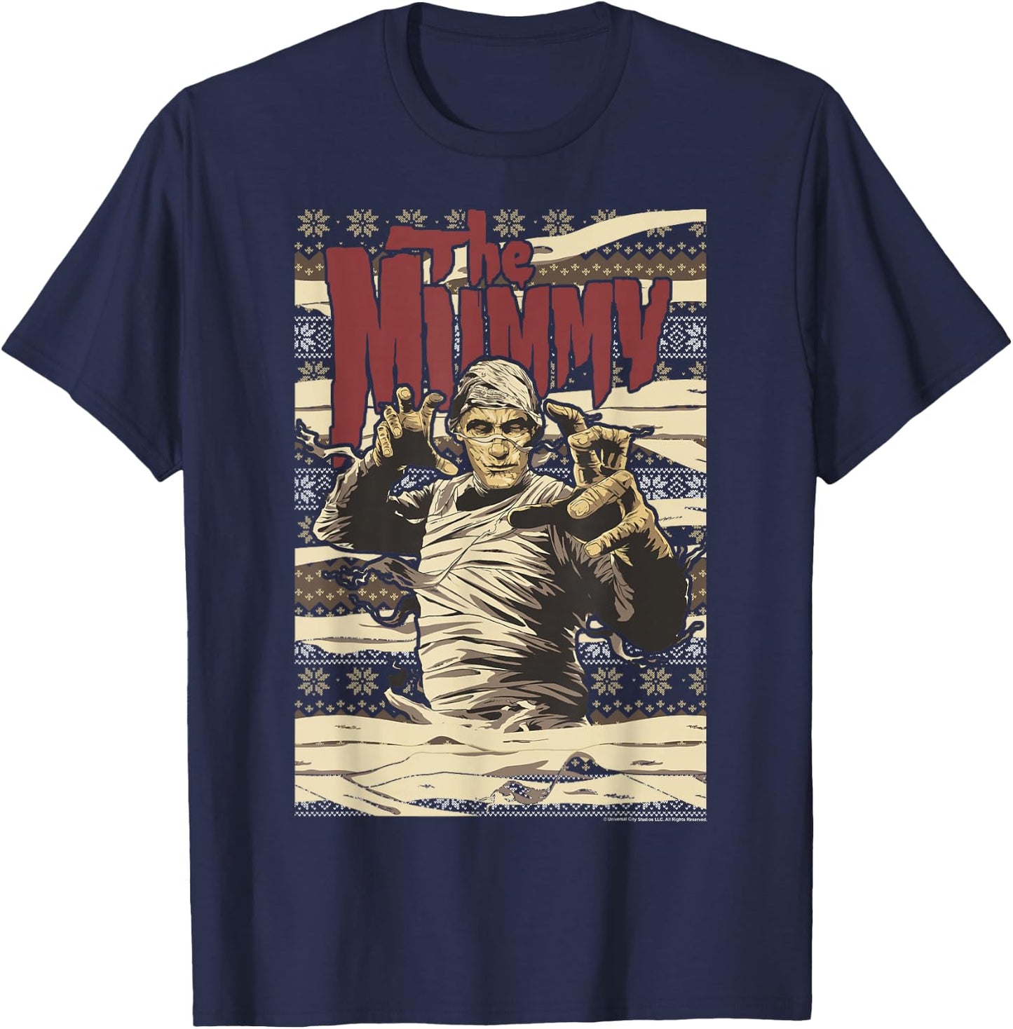 Universal Monsters Christmas The Mummy Ugly Sweater T-Shirt - T-Shirt | Navy