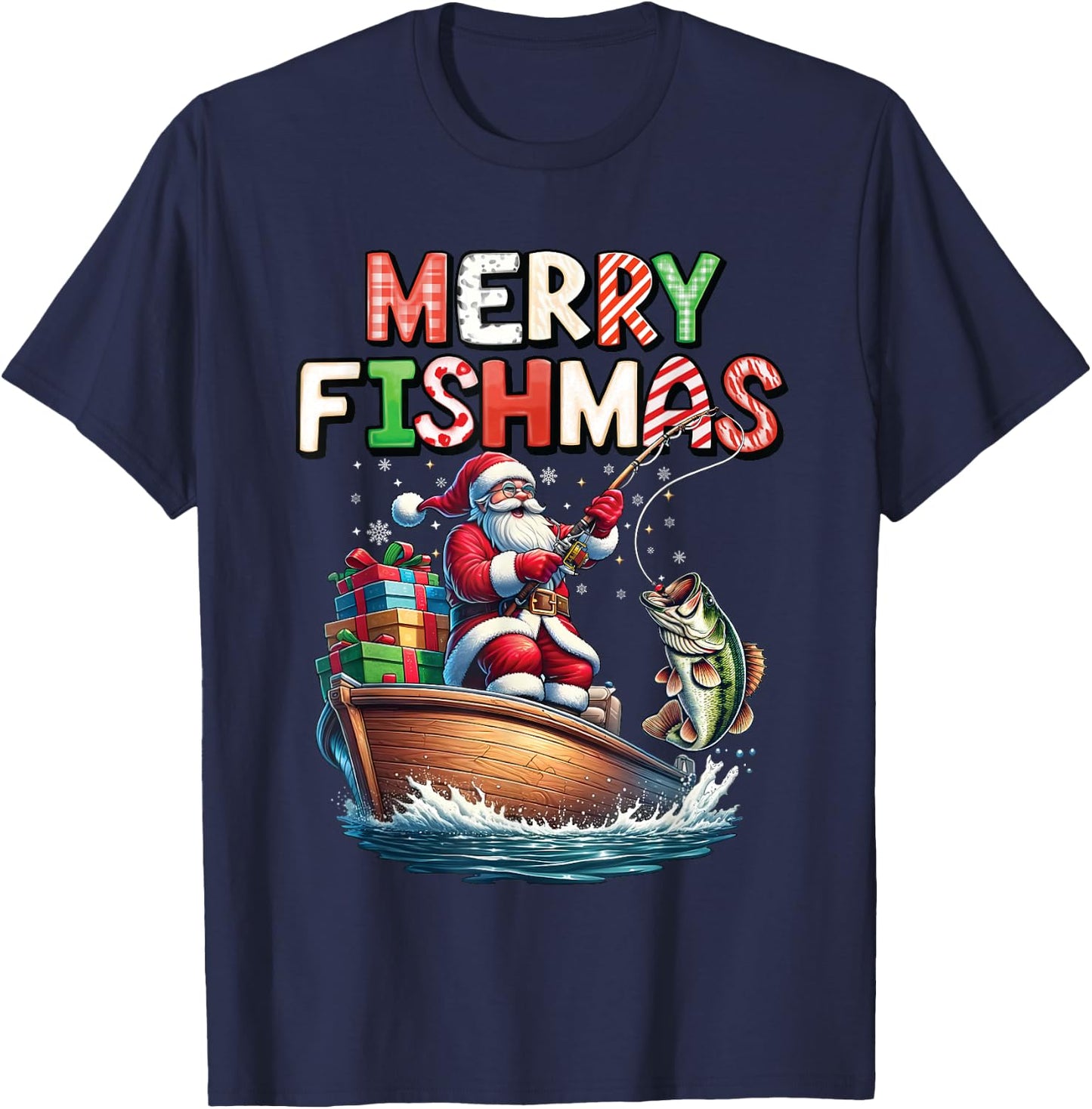 Merry Fishmas Santa Fishing Lovers Funny Fisherman Christmas T-Shirt - T-Shirt | Navy