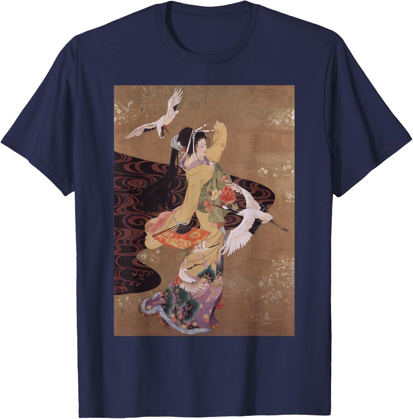 Dance of Cranes Japanese Retro Art Small T-Shirt - T-Shirt | Navy