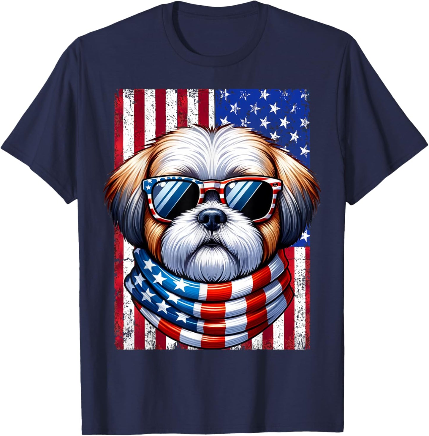 Shih Tzu Wearing American Flag 4th of July Patriotic Dog T-Shirt - T-Shirt | Navy