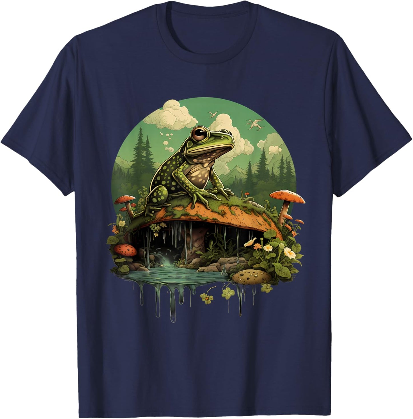 Frog Mushroom Toad Landscape Forest Nature Animal Art T-Shirt - T-Shirt | Navy