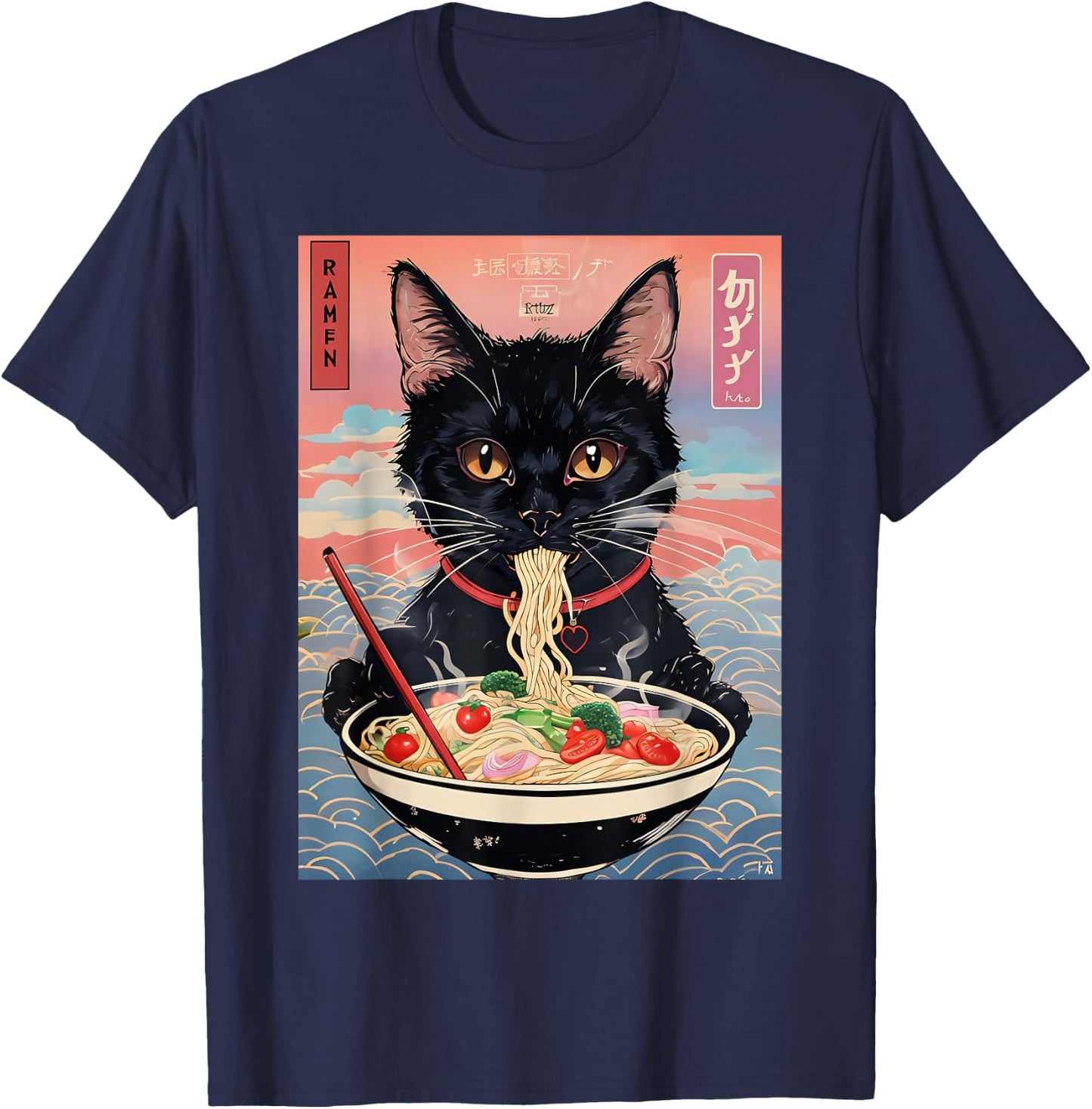 Anime Manga Kawaii Otaku Style Urban Streetwear Ramen Cat T-Shirt - T-Shirt | Navy