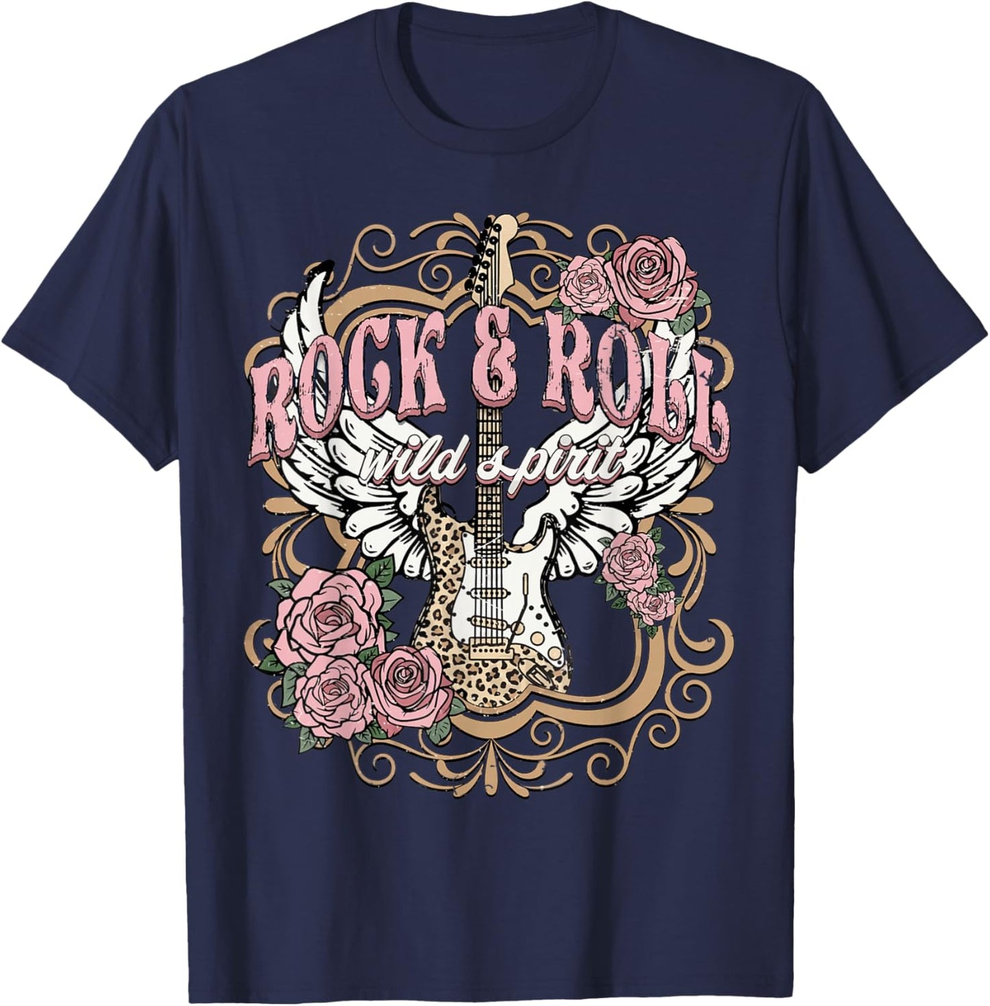 Vintage Rock n Roll Wild Spirit Lets Rock Guitar Floral T-Shirt - T-Shirt | Navy