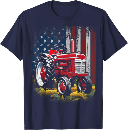 Patriotic Tractor American Flag Tractor Farmer Farm Men Boys T-Shirt - T-Shirt | Navy