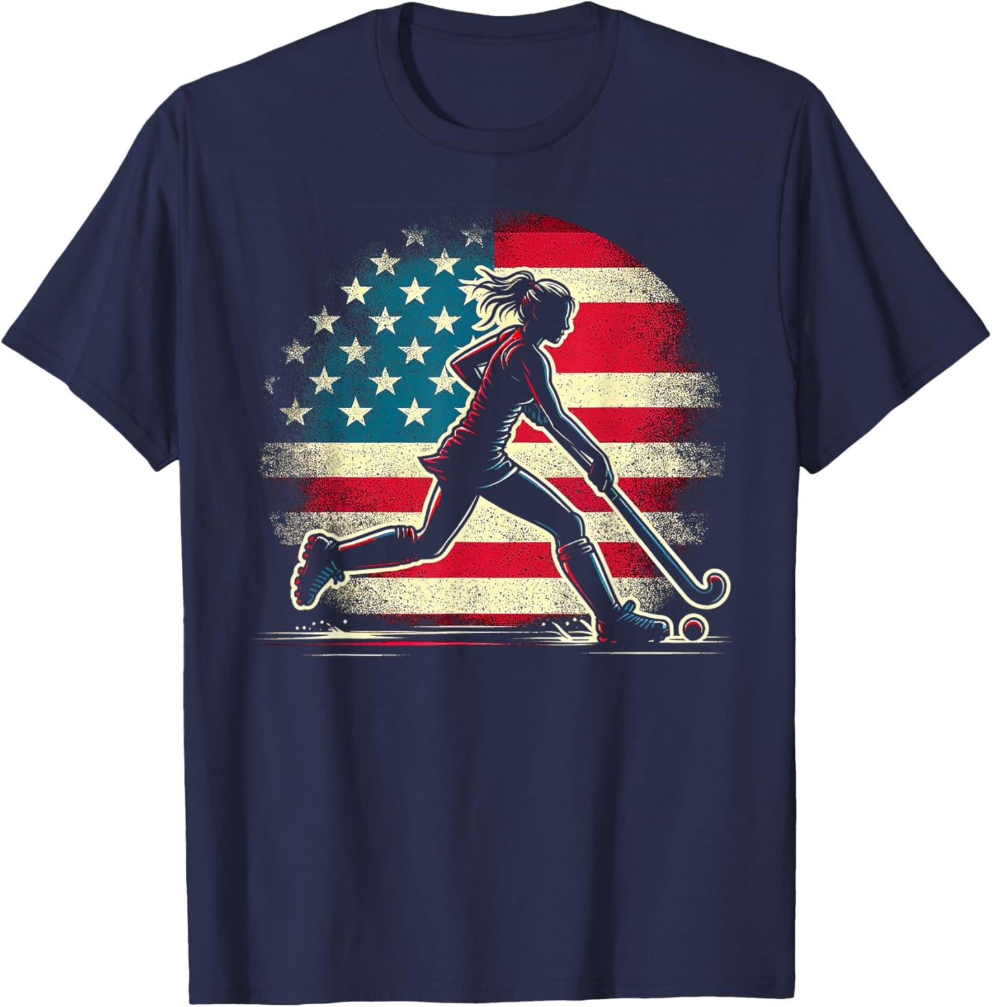Field Hockey Girl USA United States Of America Flag T-Shirt - T-Shirt | Navy