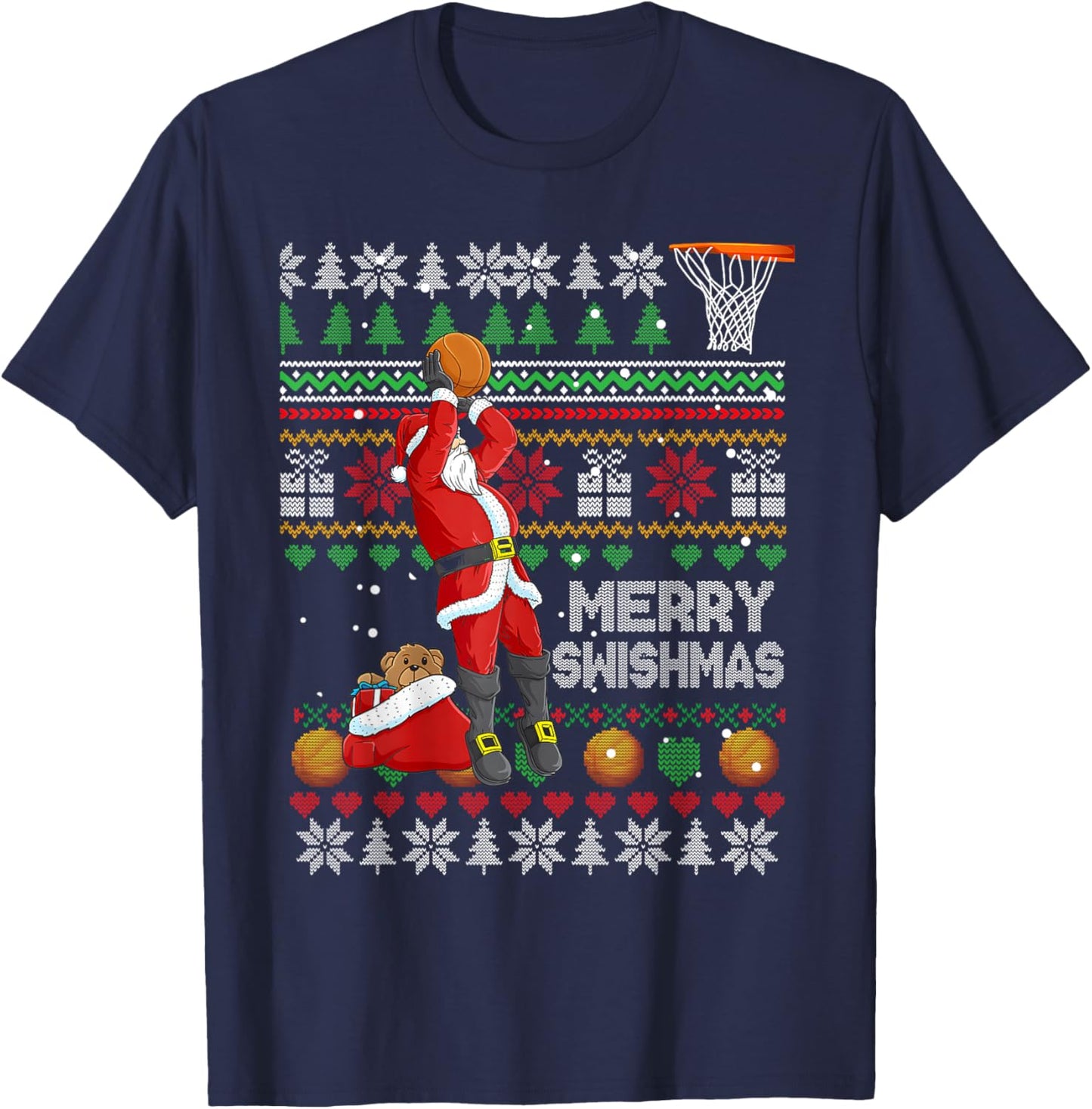 Funny Merry Swishmas Christmas Santa Playing Basketball Kids T-Shirt - T-Shirt | Navy