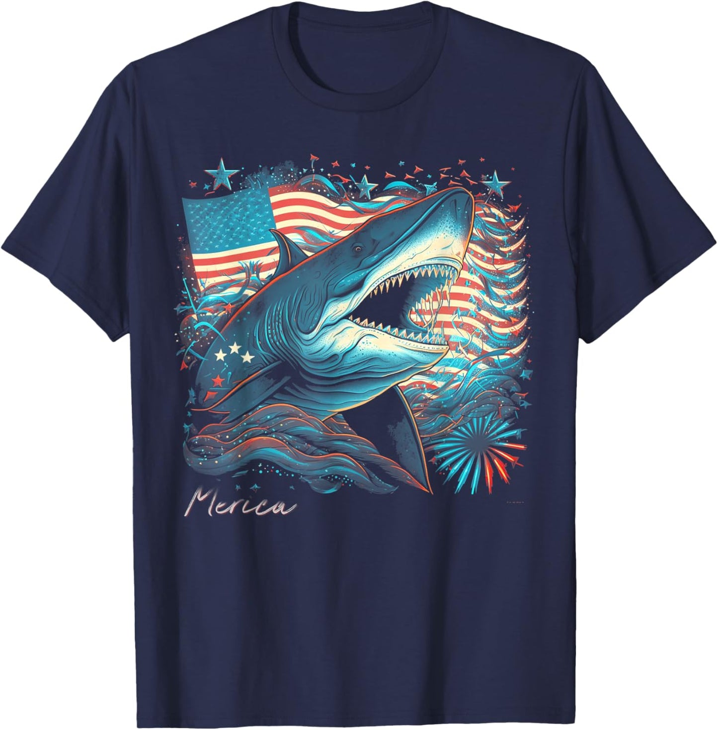 Shark Funny 4th of July American Flag Patriotic America USA Kids Men T-Shirt - T-Shirt | Navy