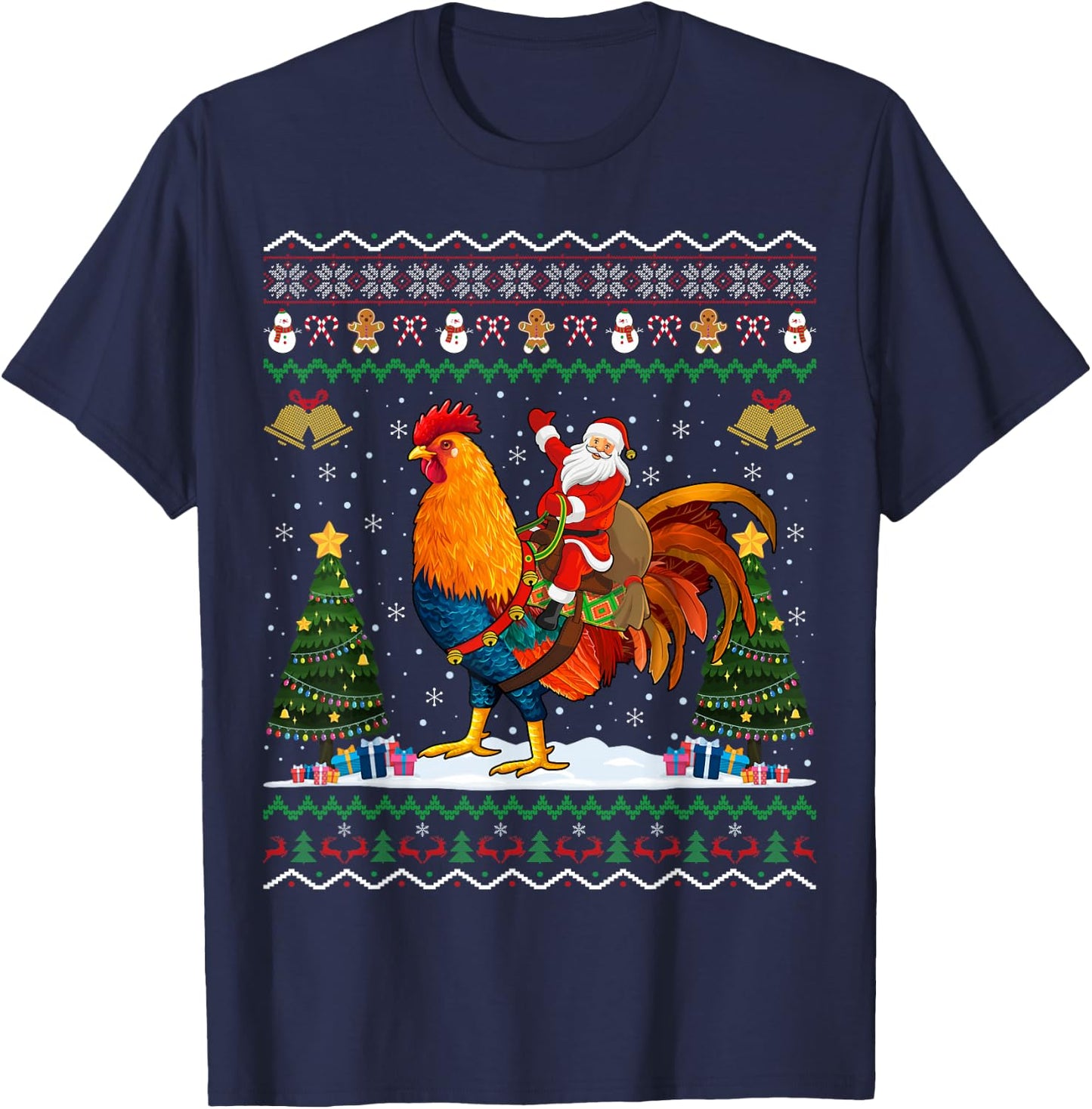 Rooster Ugly Xmas Gift Santa Riding Rooster Christmas T-Shirt - T-Shirt | Navy