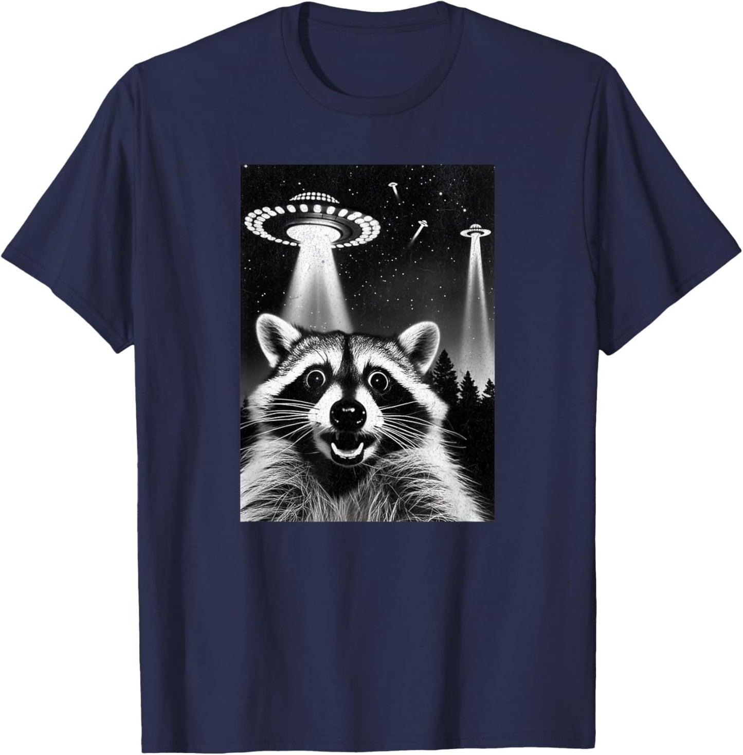 Raccoon UFO | Funny Invasion Meme Alien Raccoon UFO Selfie T-Shirt - T-Shirt | Navy