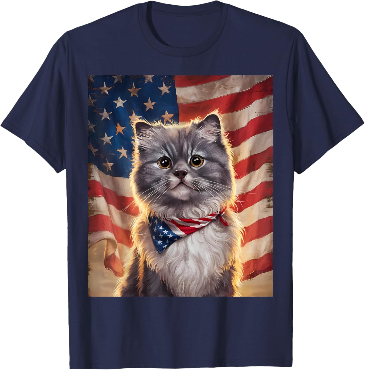 Cute Fluffy Gray Cat American Flag Independence Day T-Shirt - T-Shirt | Navy