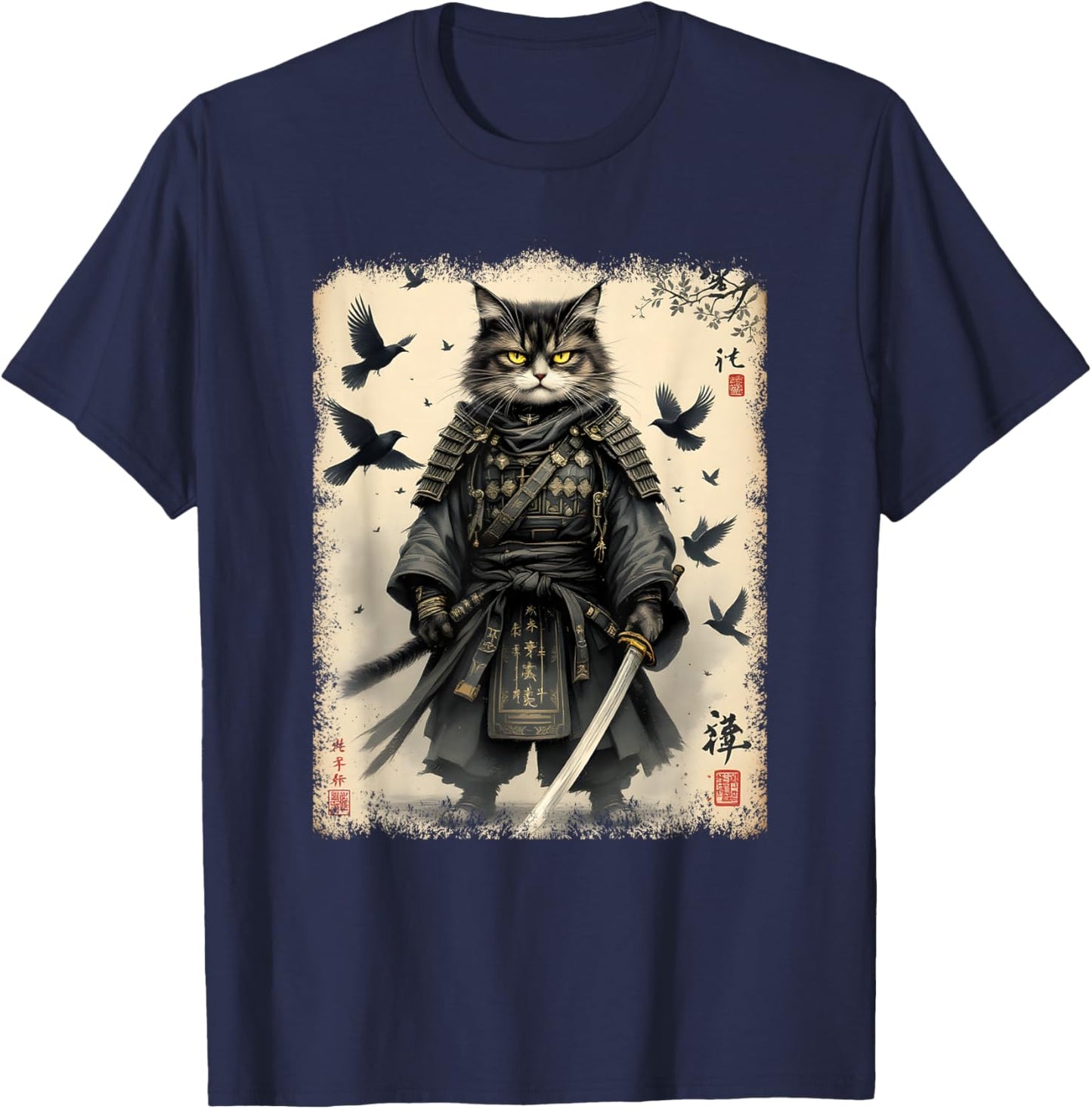 Samurai Cat, Japanese Warrior | Vintage Anime & Samurai Art T-Shirt - T-Shirt | Navy