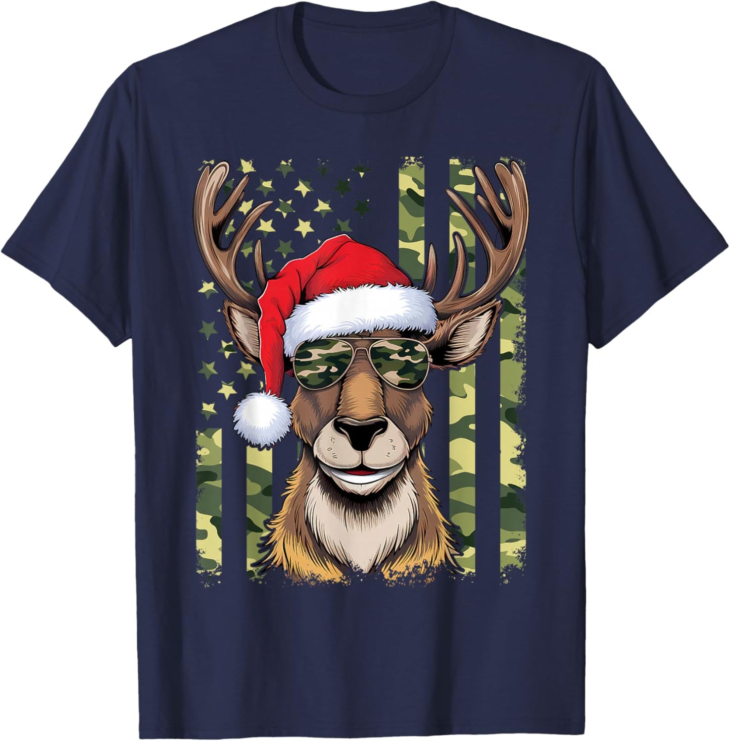 Reindeer Camo American Flag Christmas Pajama X-Mas Veteran T-Shirt - T-Shirt | Navy