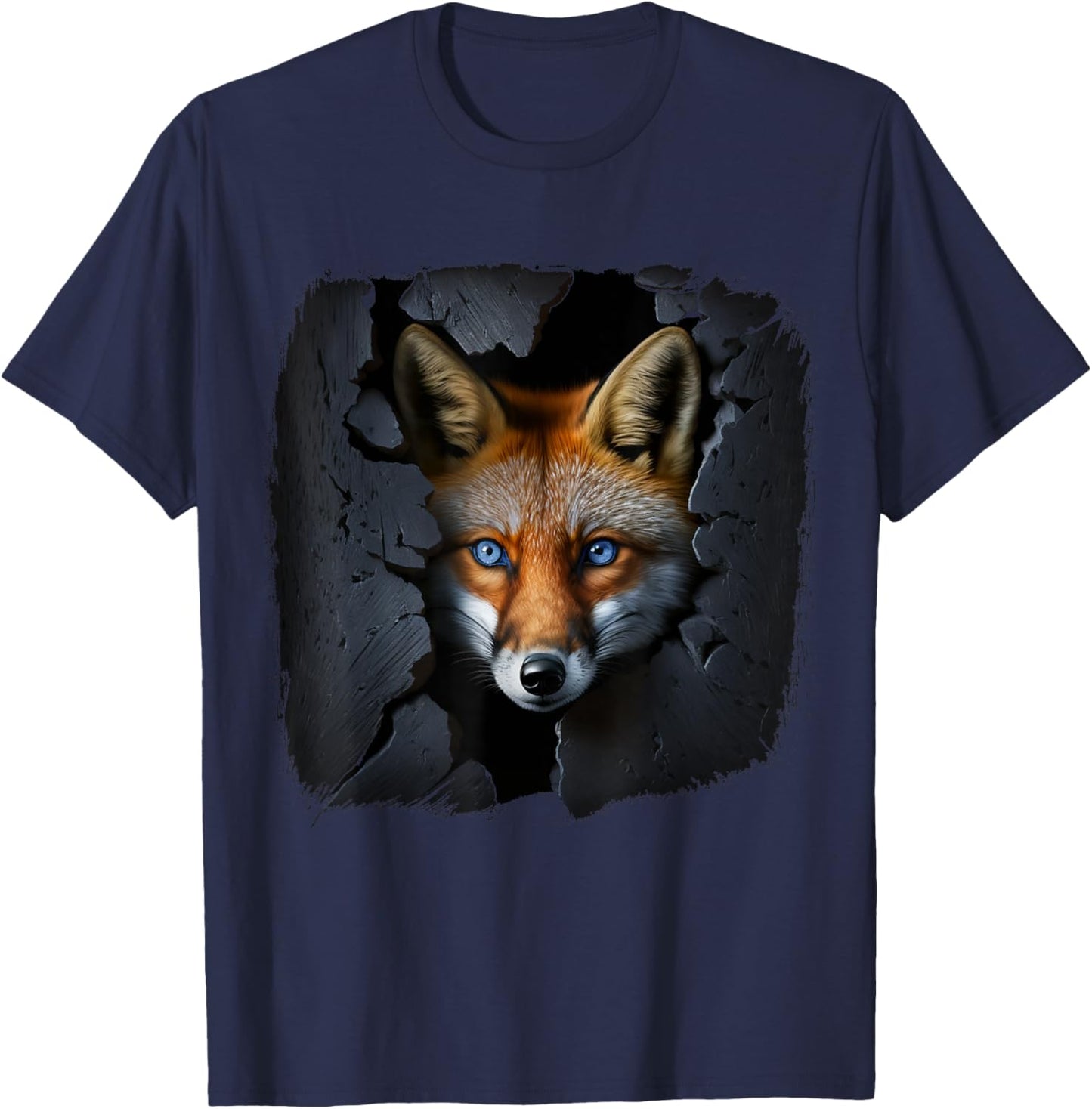 Fox Wall Blue Eyes Art Animal Motif T-Shirt - T-Shirt | Navy