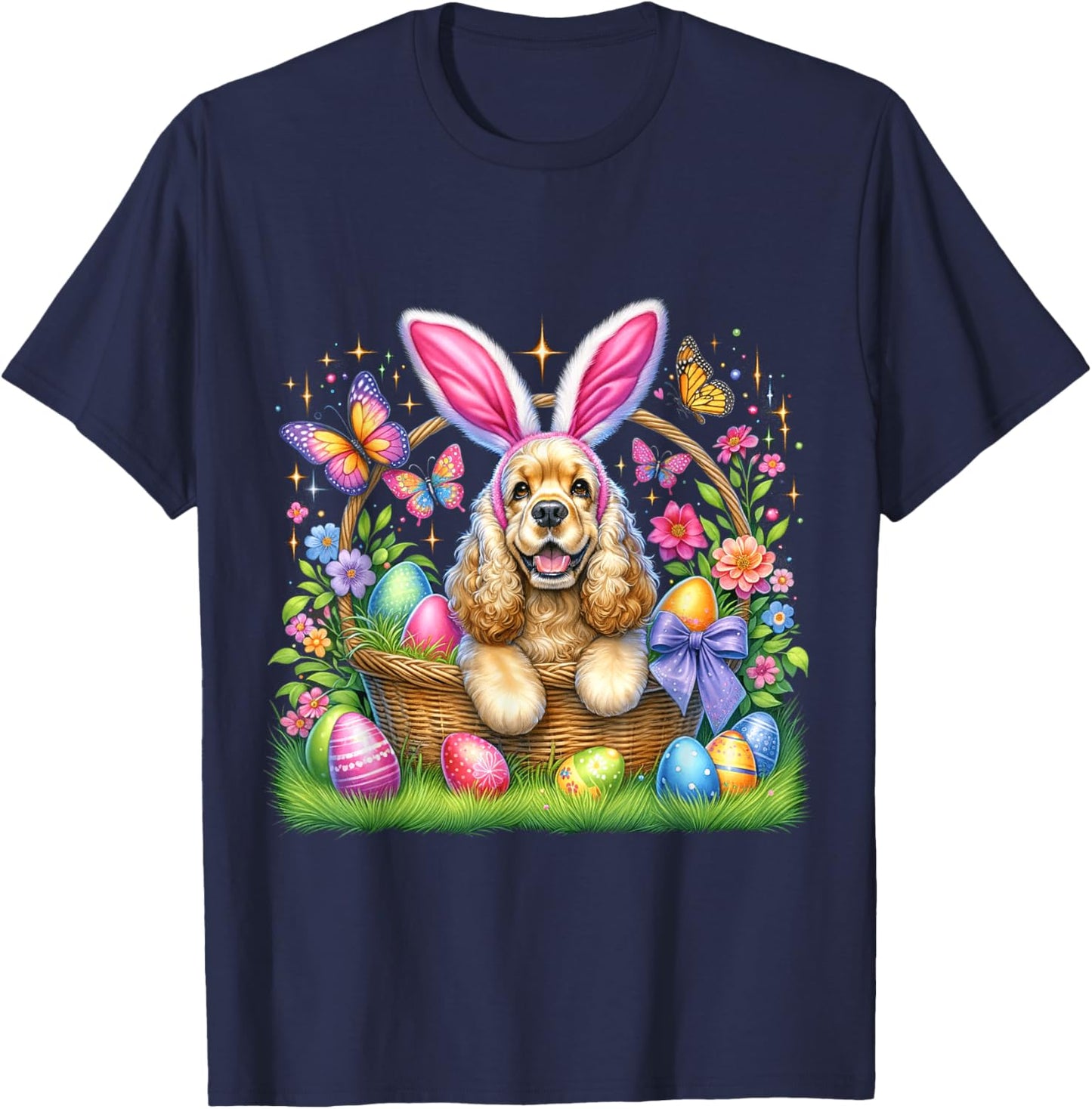 Cute Bunny Cocker Spaniel Dog Easter Eggs Basket Easter Day Men Women Girls Kids T-Shirt - T-Shirt | Navy