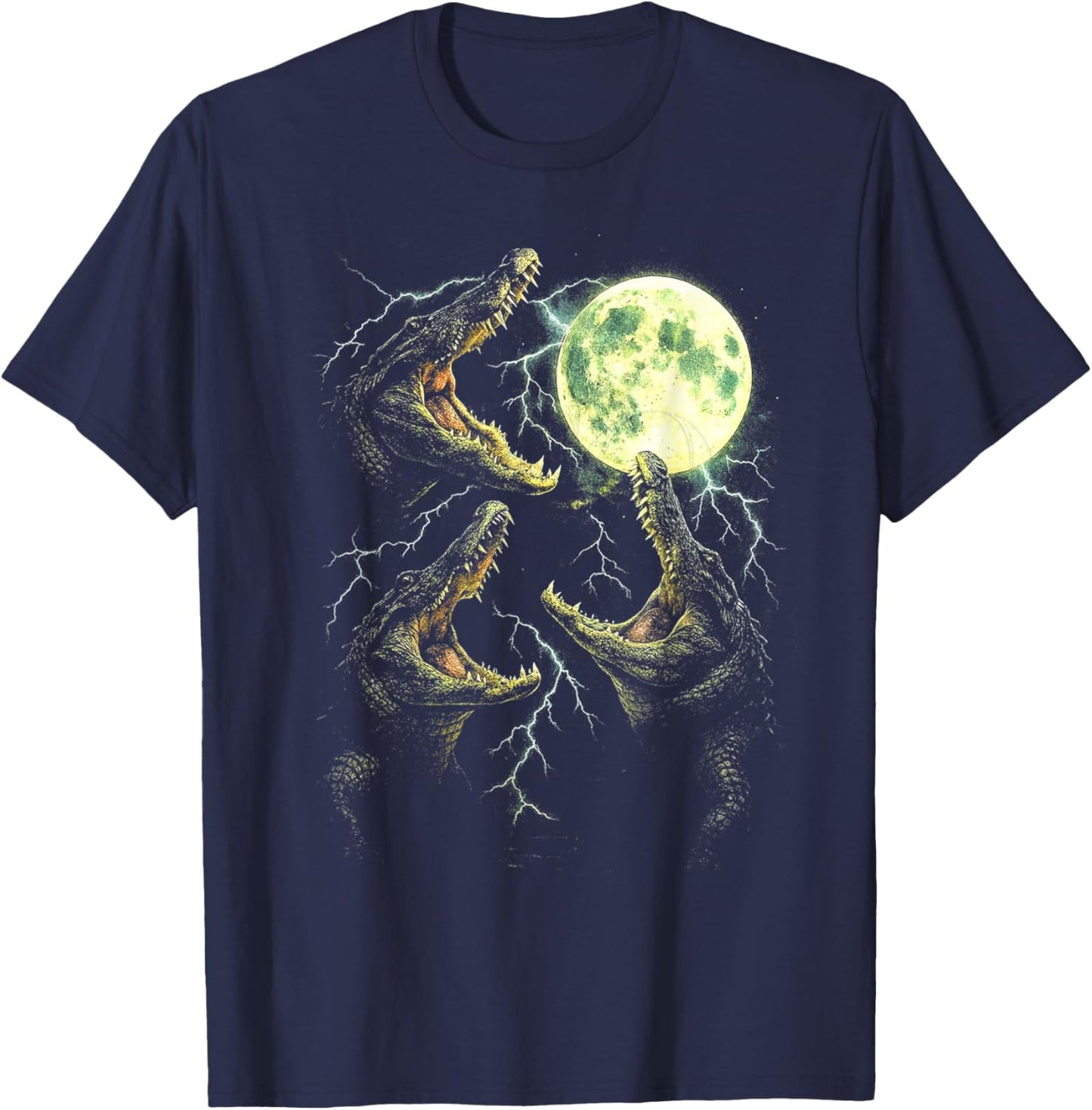 Retro Alligator Moon Howl 90s Swamp Lightning Design T-Shirt - T-Shirt | Navy