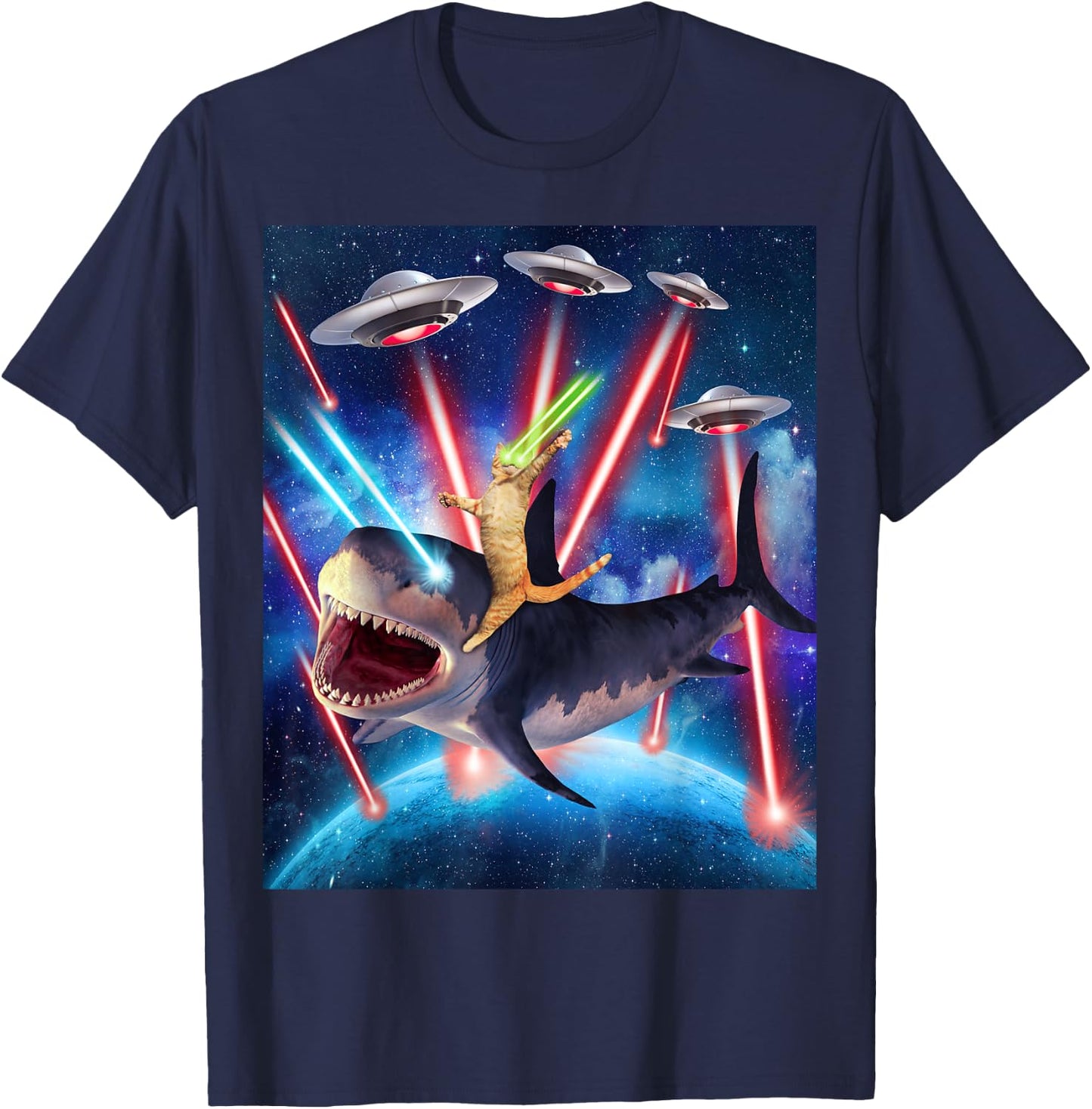Space Cat Riding Shark Laser Eyes UFO Funny Kitty Cat Women Girls Kids T-Shirt - T-Shirt | Navy