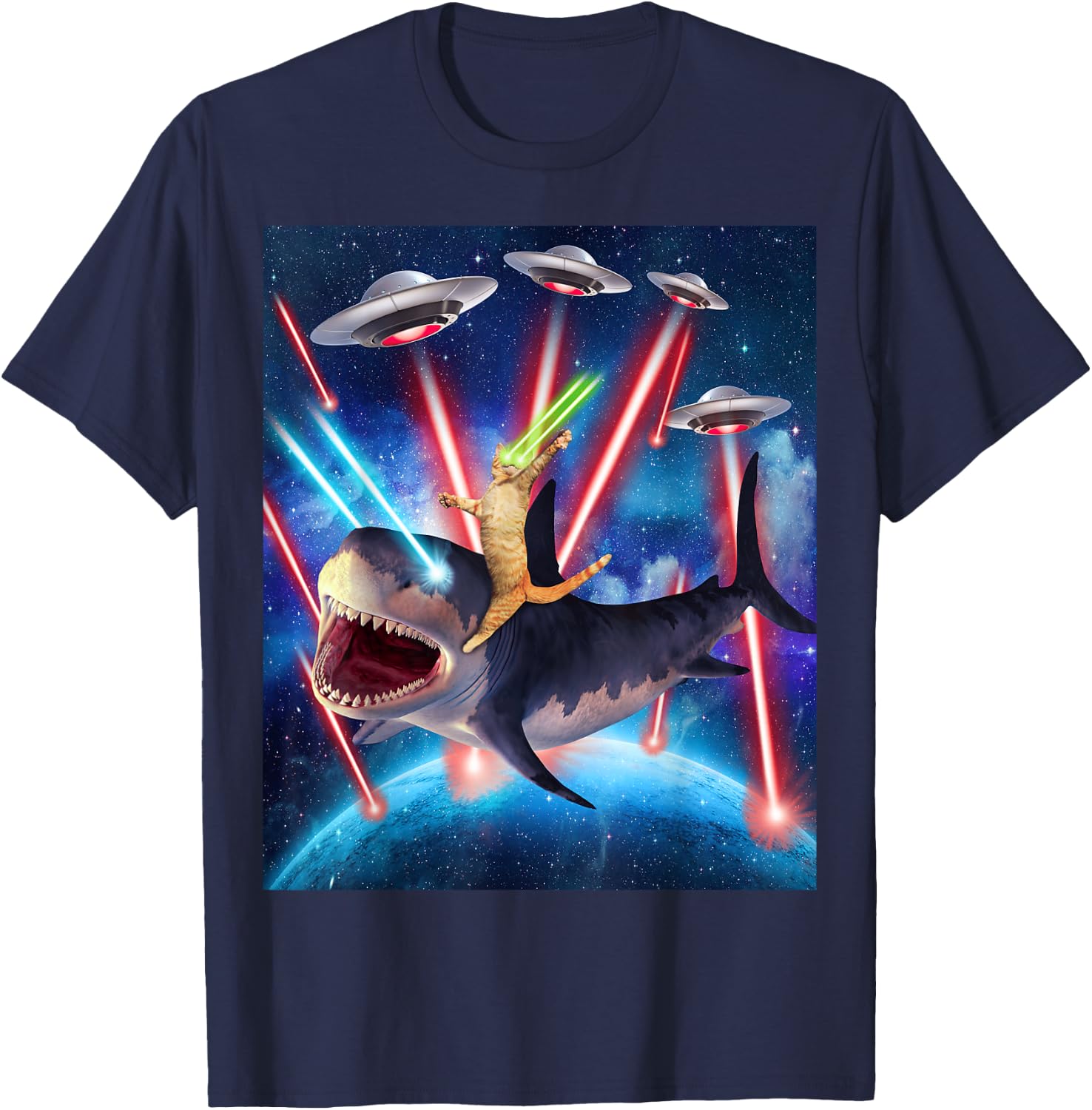 Space Cat Riding Shark Laser Eyes UFO Funny Kitty Cat Women Girls Kids T-Shirt - T-Shirt | Navy