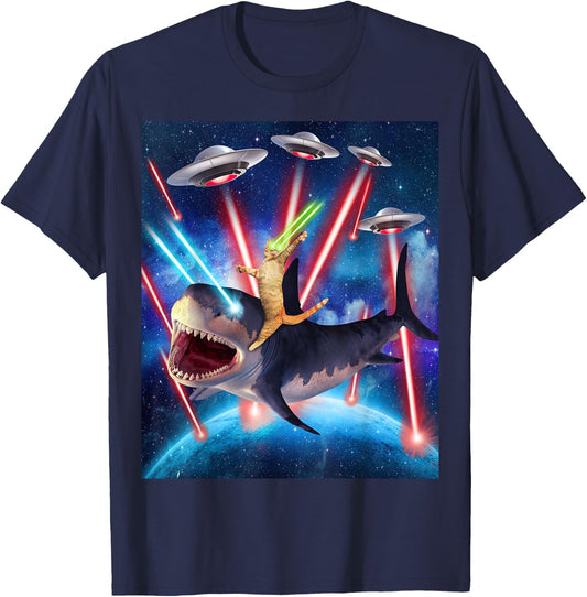 Space Cat Riding Shark Laser Eyes UFO Funny Kitty Cat Women Girls Kids T-Shirt - T-Shirt | Navy