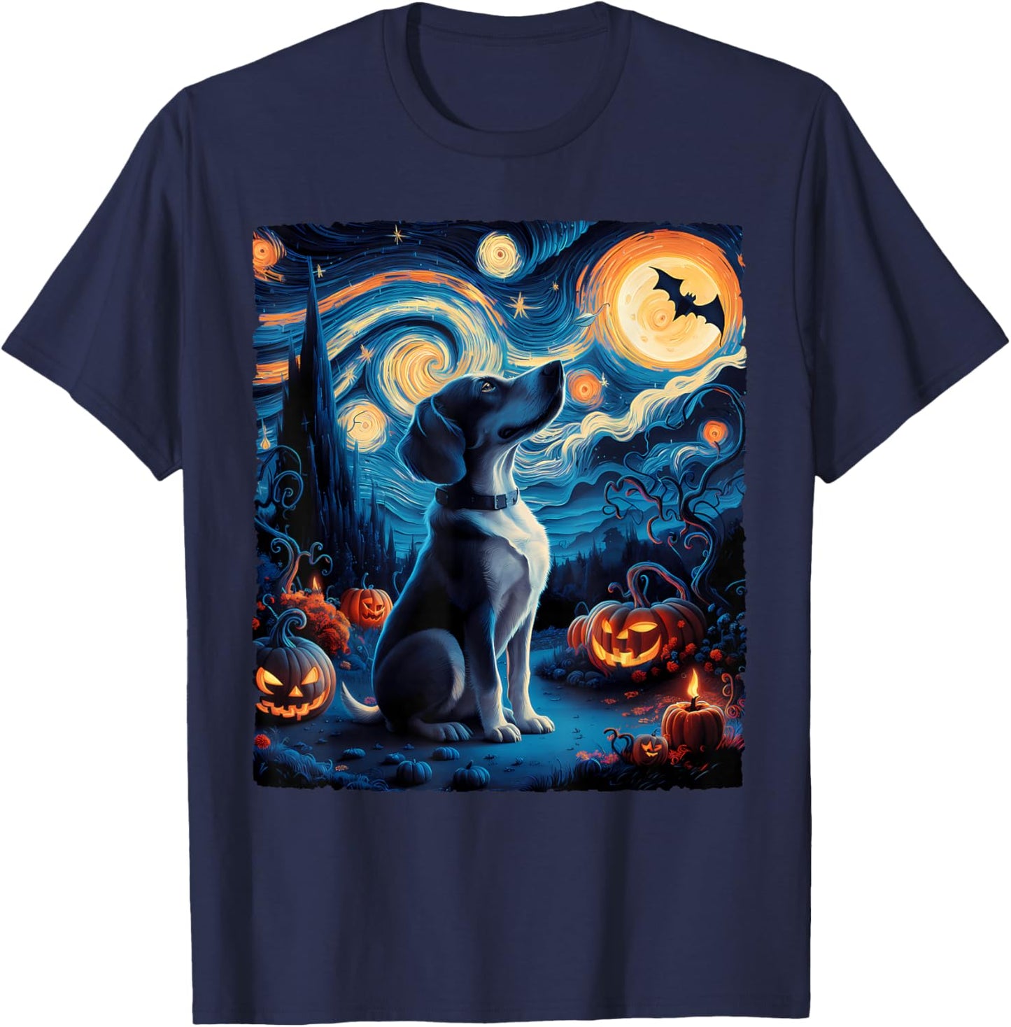 Van Gogh' Starry Night Dog Pumpkins Bats Funny Halloween Women Kids T-Shirt - T-Shirt | Navy
