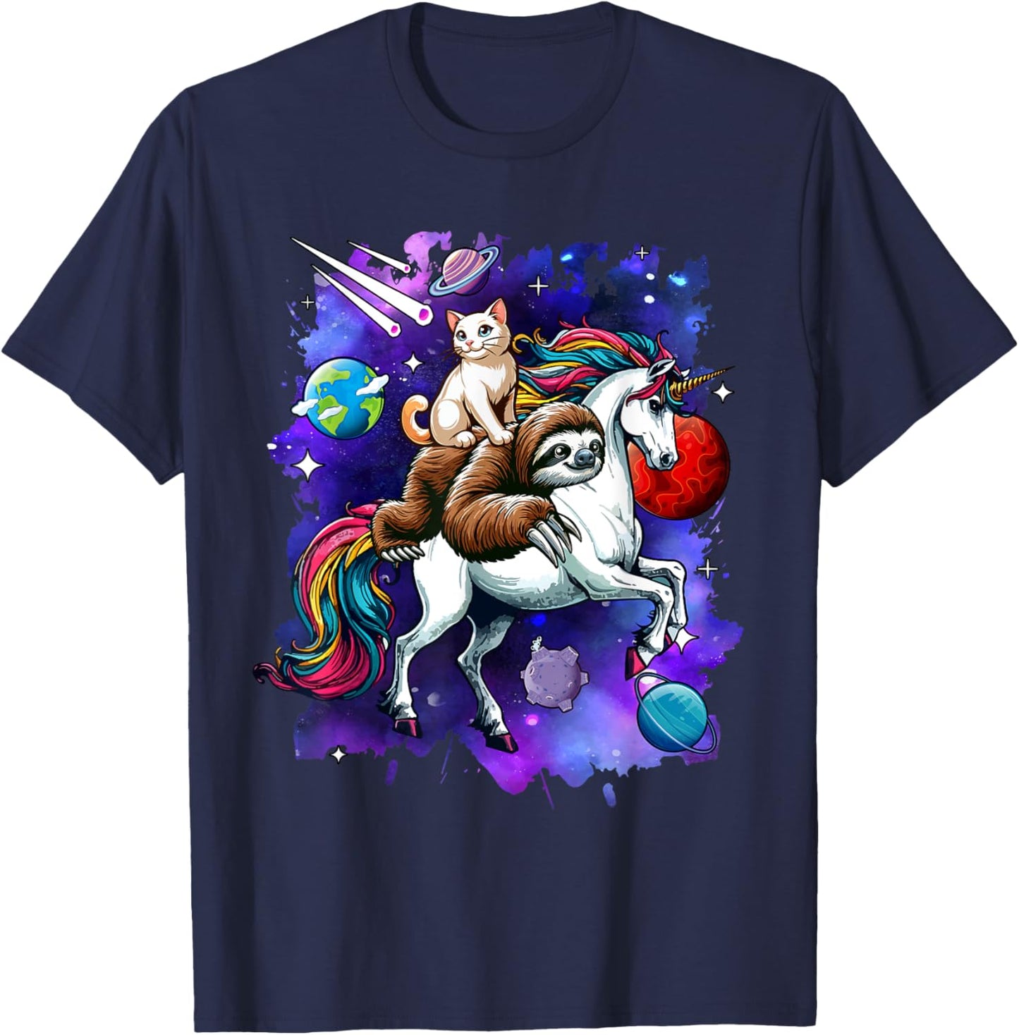 Cat And Sloth Riding Unicorn In Space Costume Galaxy Women Kids T-Shirt - T-Shirt | Navy