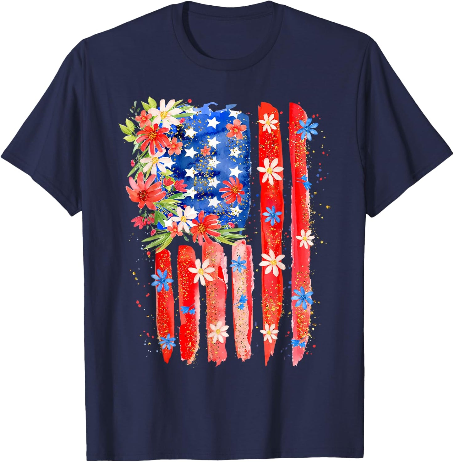 Flower Brushstroke US Flag 4th Of July Patriotic Graphic T-Shirt - T-Shirt | Navy