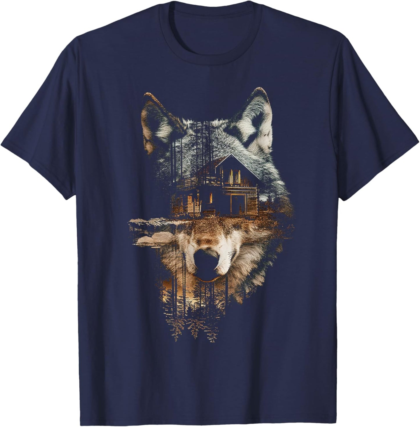 Wolf Nature House Animal Trees Illustration Art Wolf T-Shirt - T-Shirt | Navy