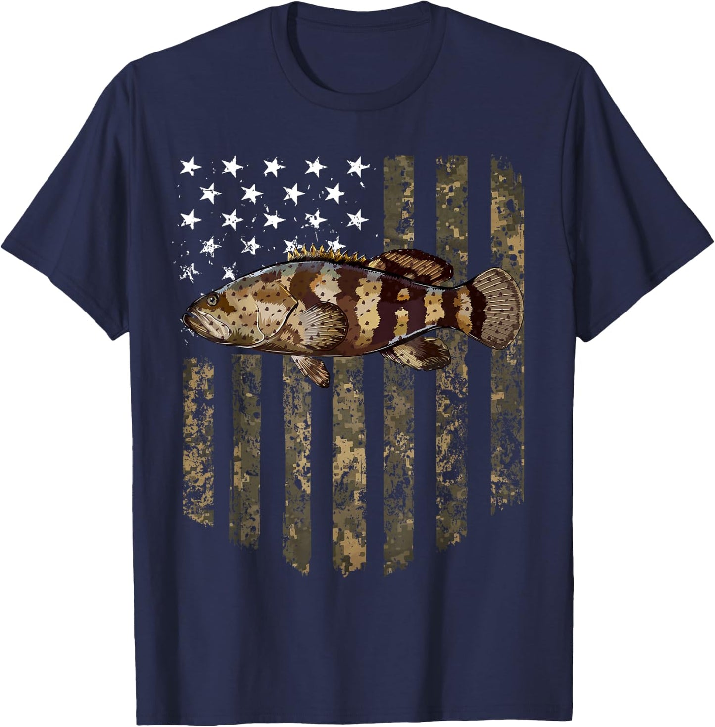 Camo American Flag Goliath Grouper Fishing 4th Of July T-Shirt - T-Shirt | Navy