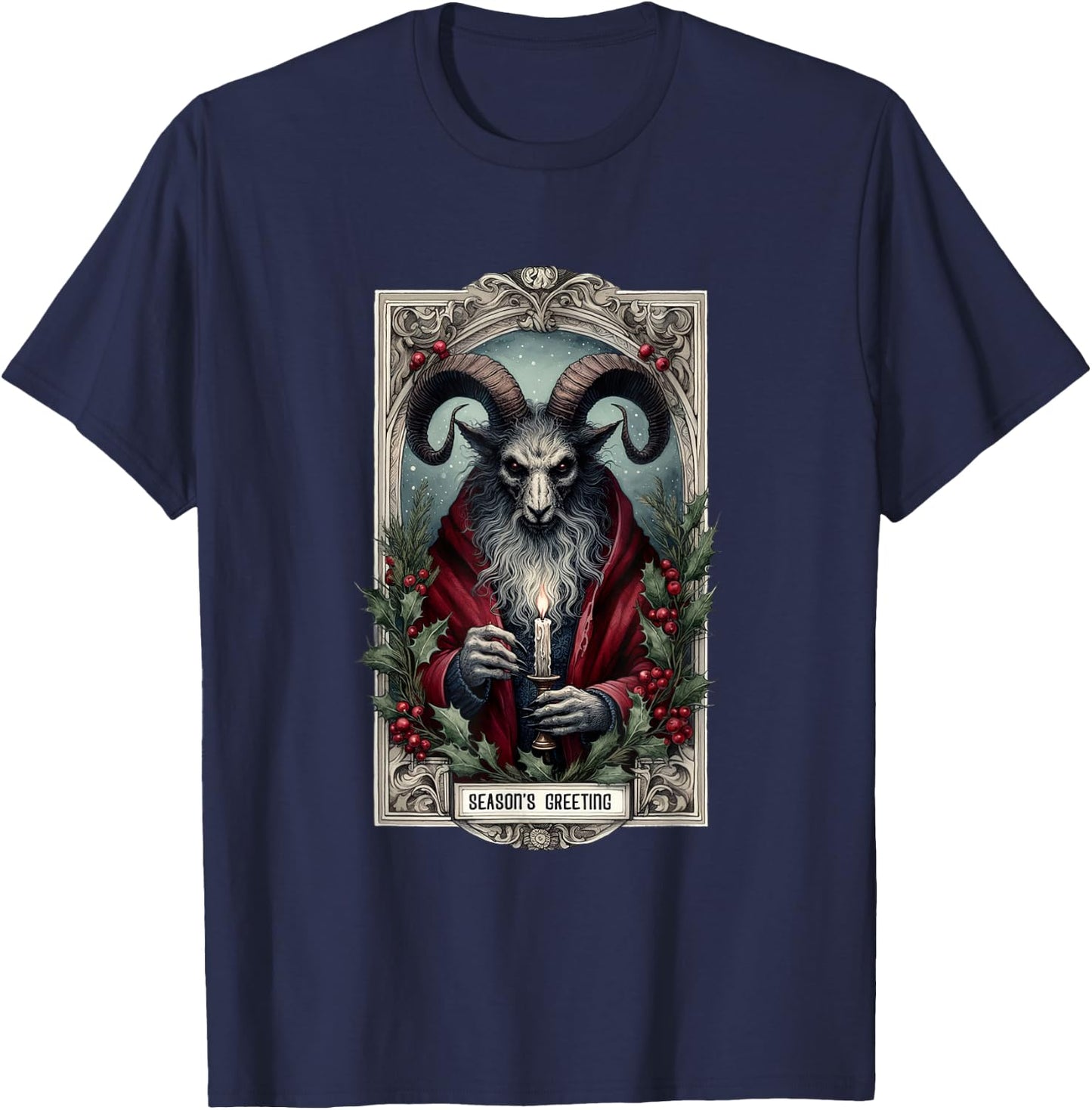 Season And Greeting Krampus Tarot Christmas Horror Holiday T-Shirt - T-Shirt | Navy