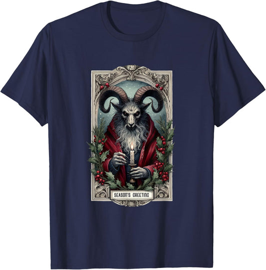 Season And Greeting Krampus Tarot Christmas Horror Holiday T-Shirt - T-Shirt | Navy