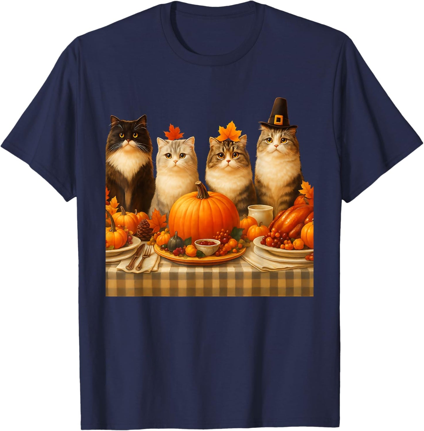 Thanksgiving Cats Dinner Feast Vintage Fall Men Women Kids T-Shirt - T-Shirt | Navy