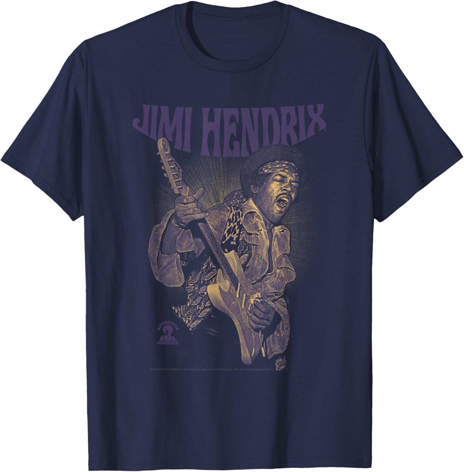 Jimi Hendrix Playing Guitar Purple Yellow T-Shirt - T-Shirt | Navy