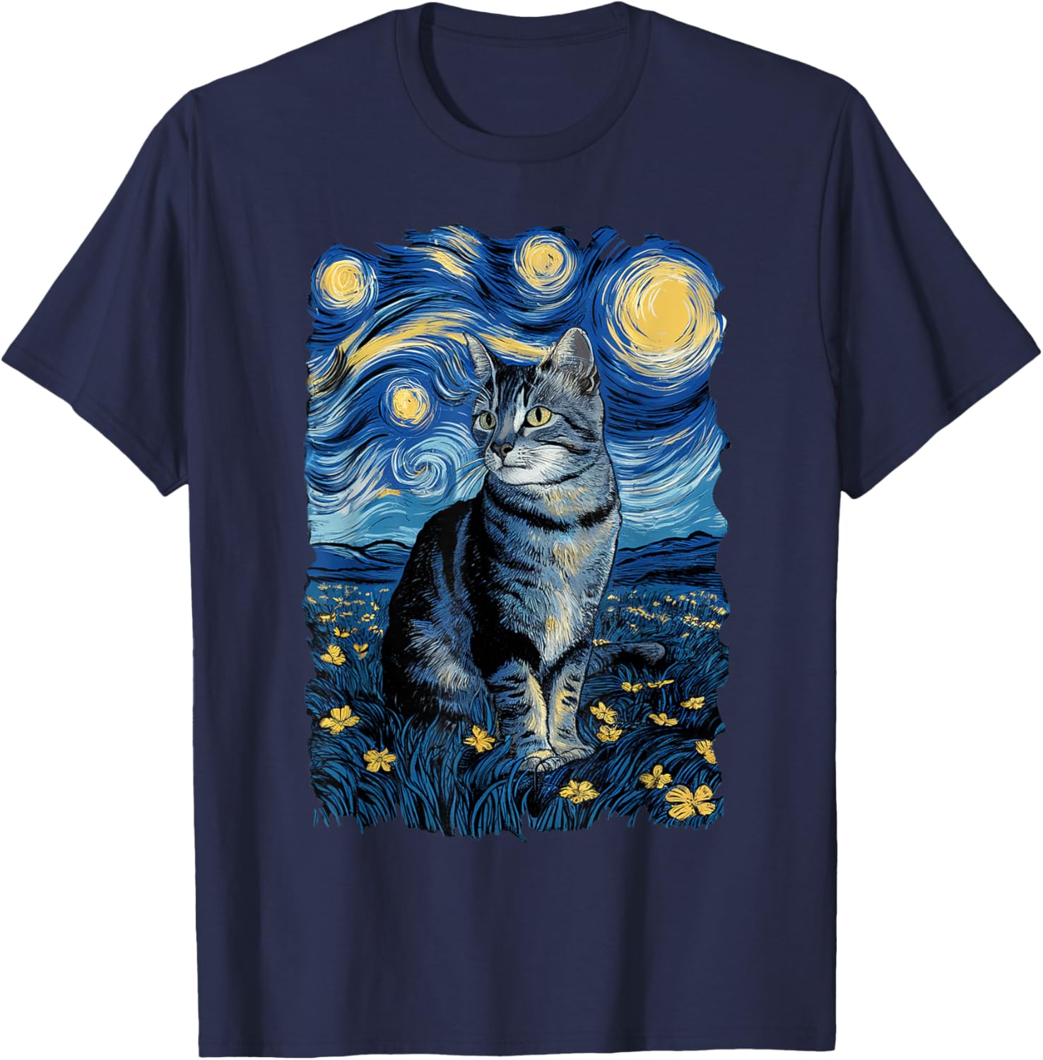 Van Gogh Cat Gifts Tabby Cat Owners Cat Lady Black Men Cat T-Shirt - T-Shirt | Navy