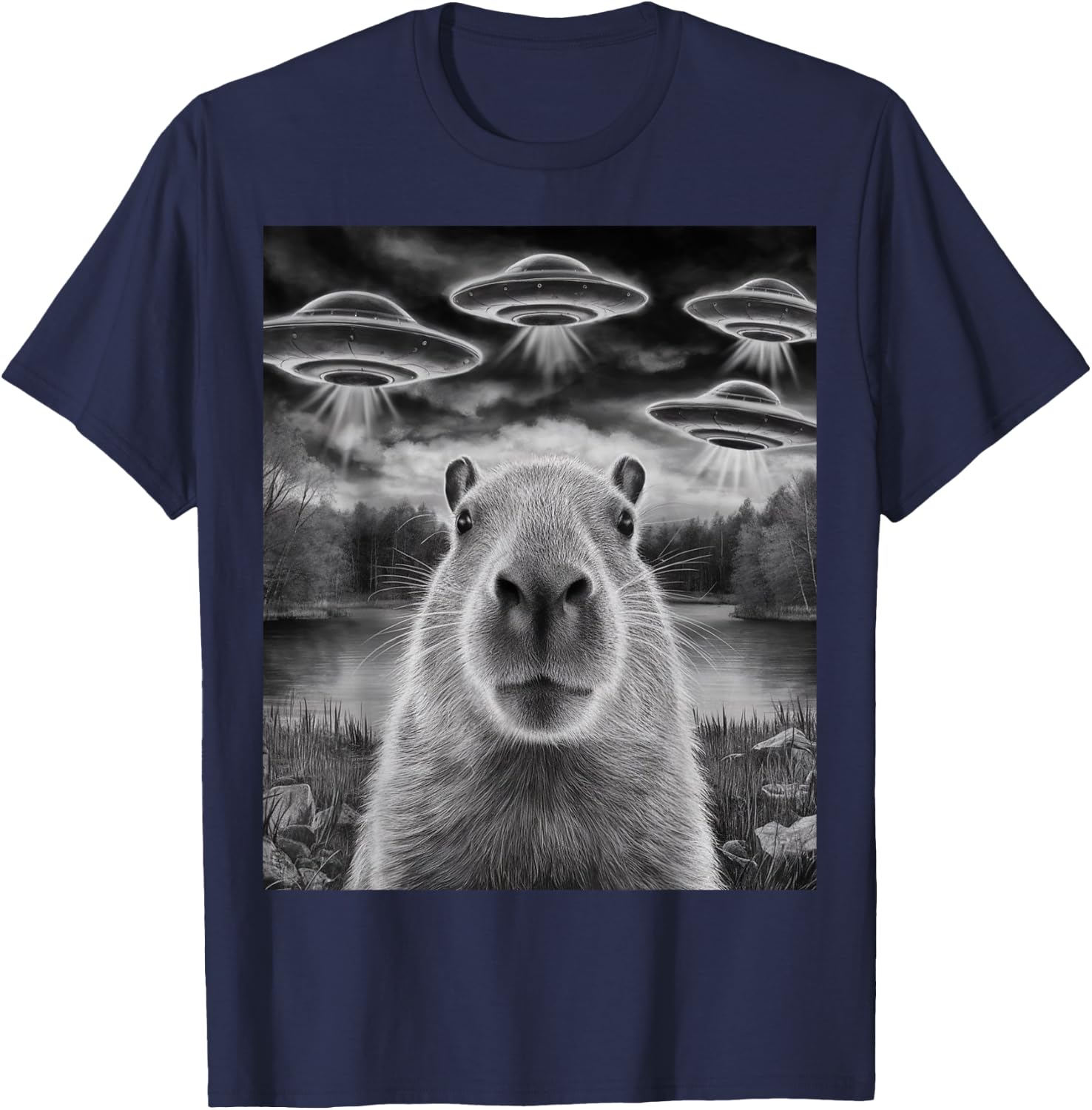 Funny Capybara Selfie with UFOs Weird Design Women Men T-Shirt - T-Shirt | Navy