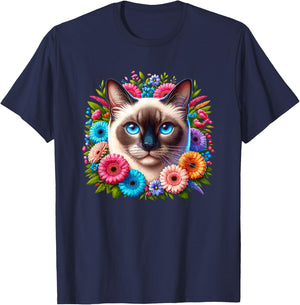 Floral Flowers Siamese Cat Meezer Men Women Kids T-Shirt - T-Shirt | Navy