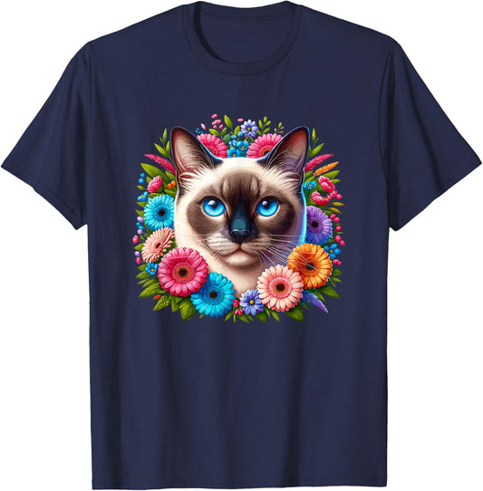 Floral Flowers Siamese Cat Meezer Men Women Kids T-Shirt - T-Shirt | Navy