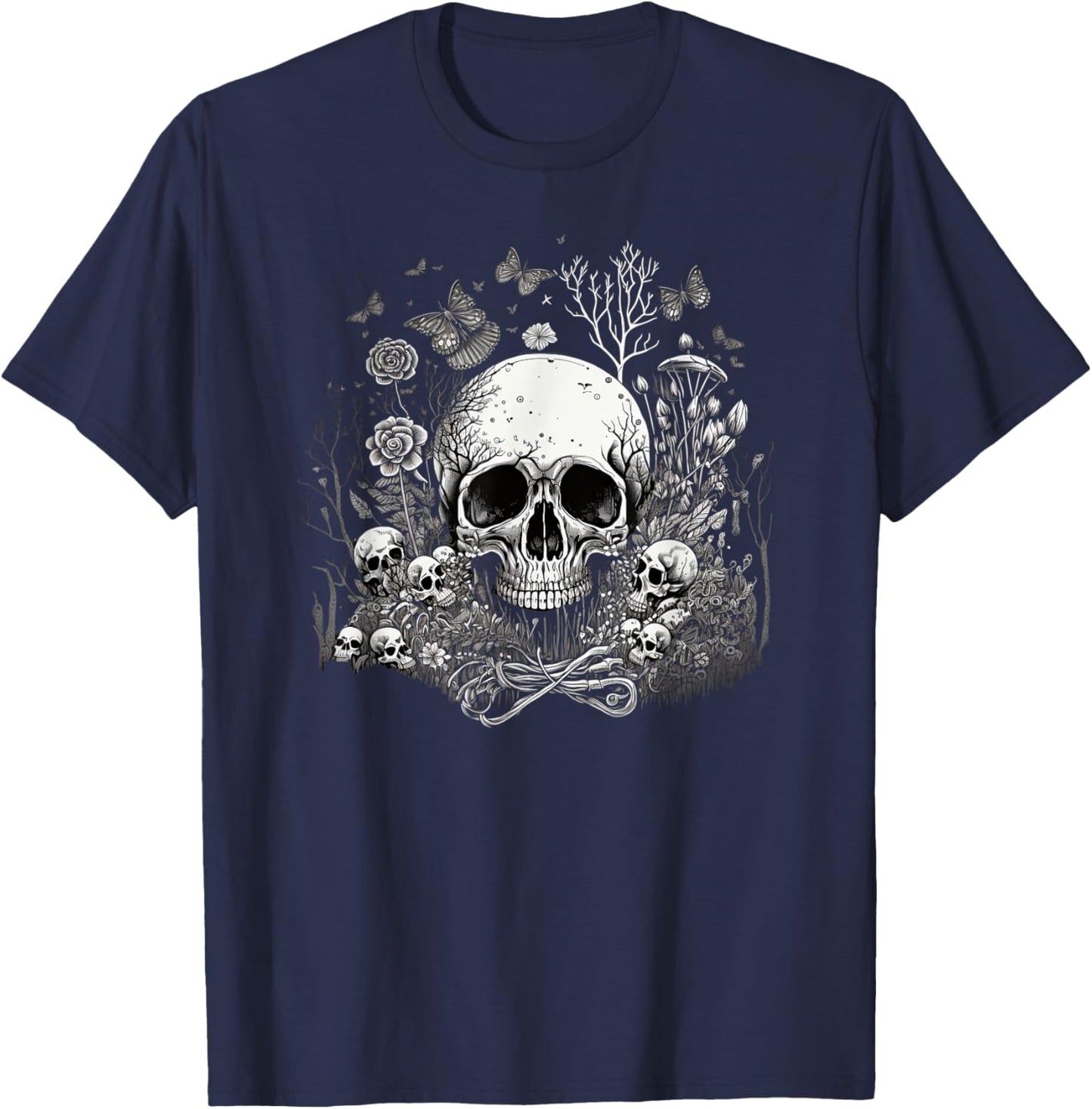 Skull with Vibrant Butterfly flower and mushroom T-Shirt - T-Shirt | Navy