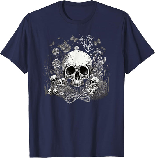 Skull with Vibrant Butterfly flower and mushroom T-Shirt - T-Shirt | Navy