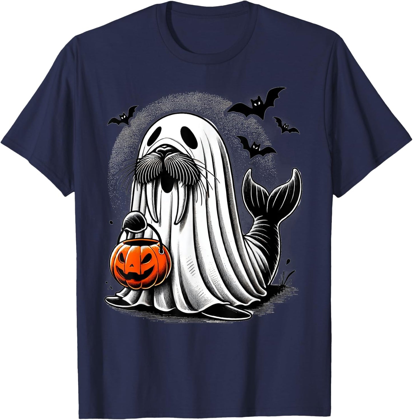 Funny Halloween Seal Ghost Costume Walrus Holding Pumpkin T-Shirt - T-Shirt | Navy
