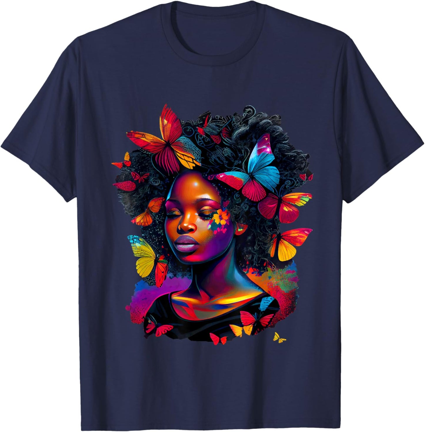 Queen Art Painting Butterfly Afro Cute T-Shirt - T-Shirt | Navy