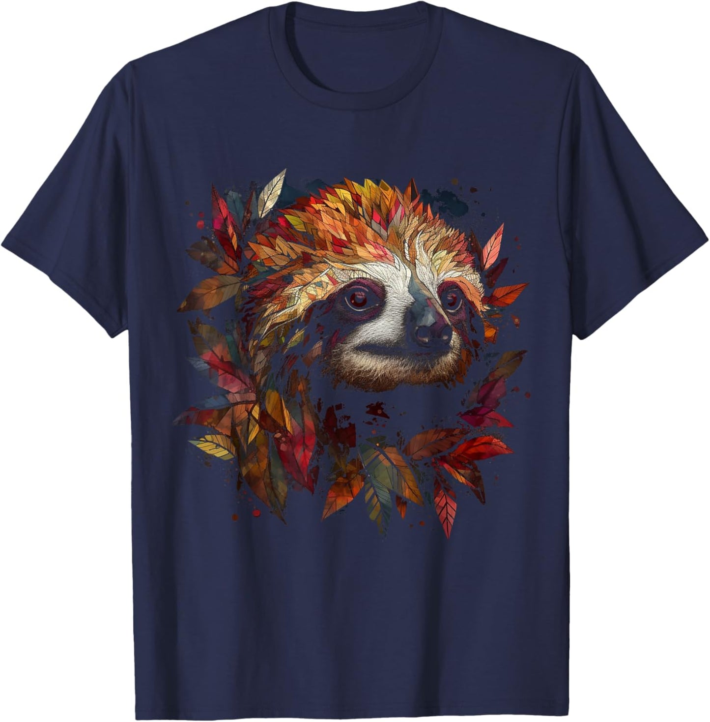 Sloth Artwork Autumn Leaves - Animal Sloth T-Shirt - T-Shirt | Navy
