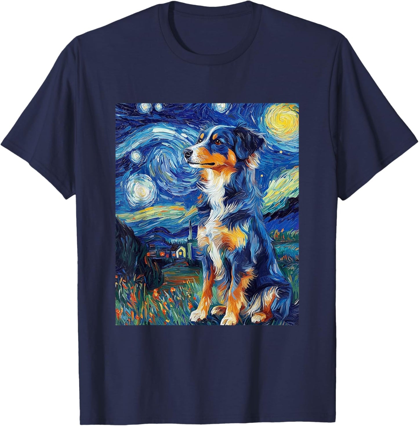 Australian Shepherd Dog - Van Gogh Style - Starry Night T-Shirt - T-Shirt | Navy