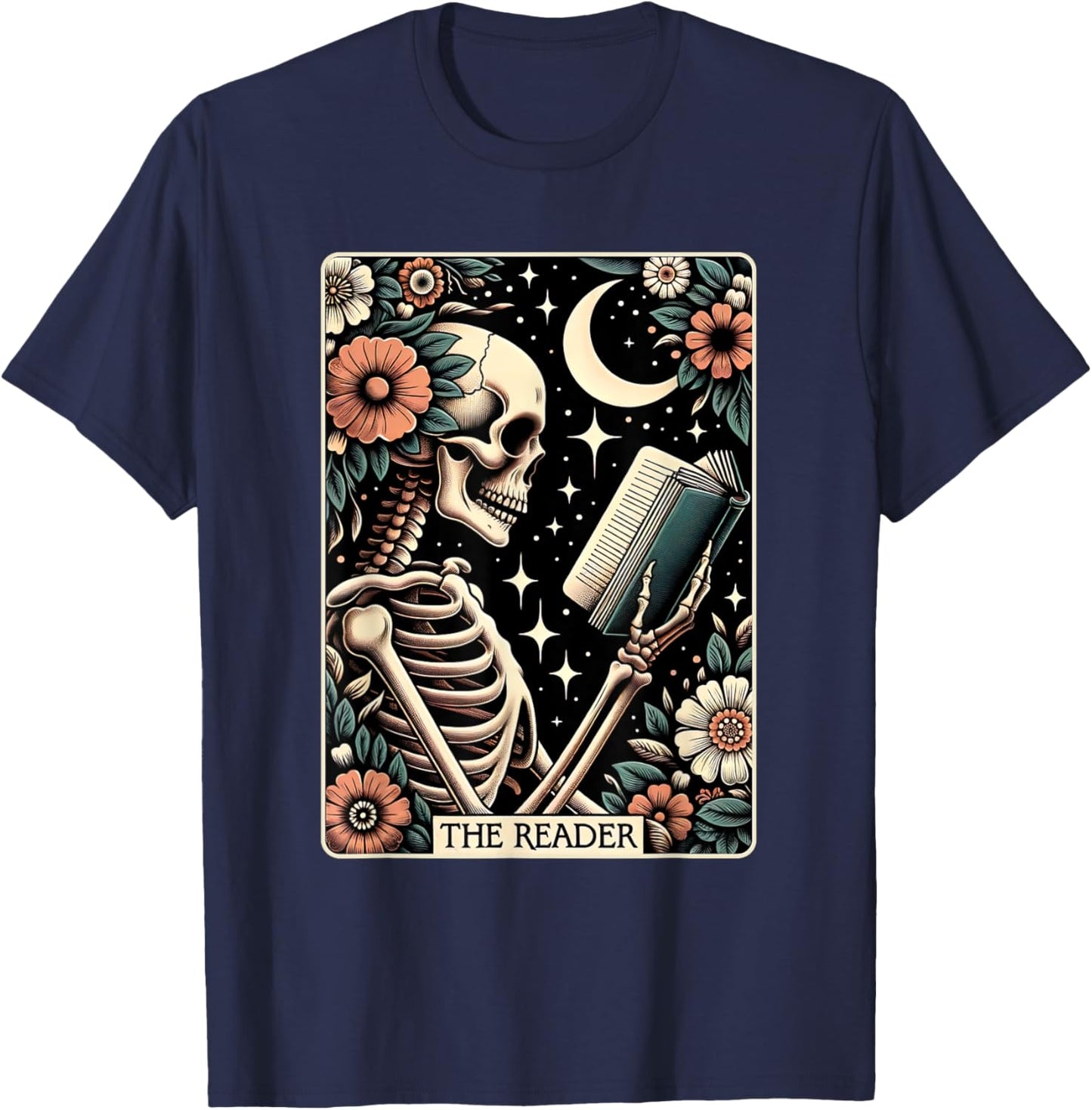 The Reader Tarot Card Skeleton Reading Book Bookworm Bookish T-Shirt - T-Shirt | Navy