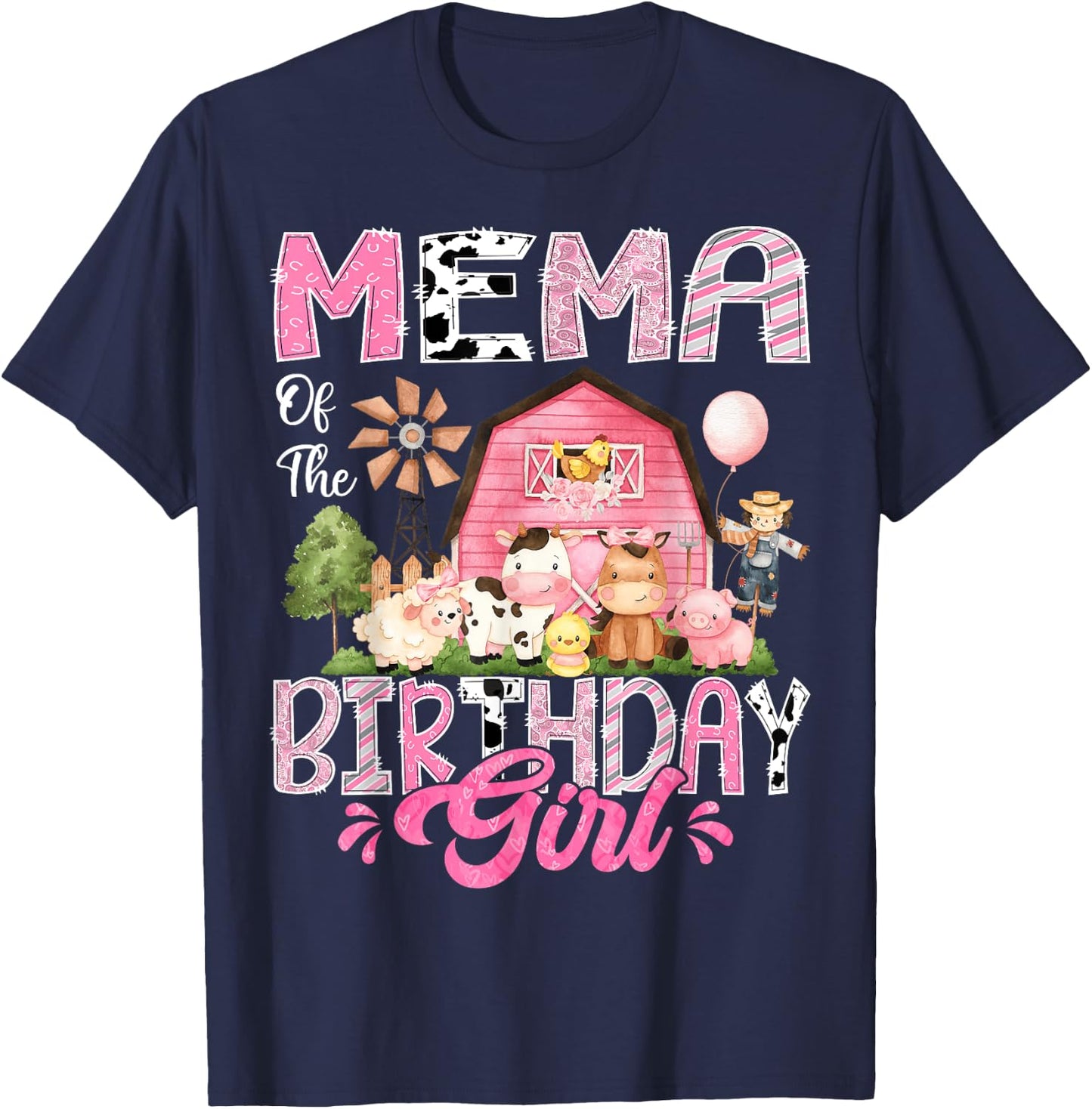 Mema Of The Birthday Girl Pink Farm Cow First Birthday T-Shirt - T-Shirt | Navy
