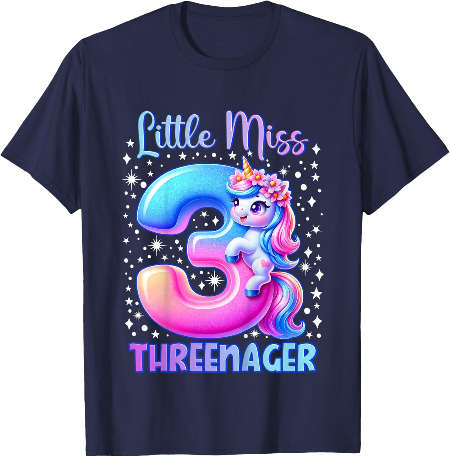 Little Miss Threenager Three 3rd Birthday Girls 3 Years T-Shirt - T-Shirt | Navy