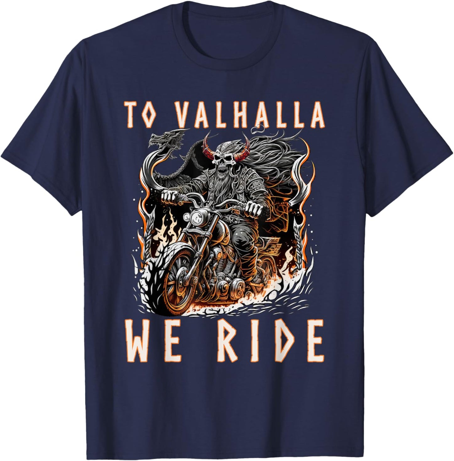 To Valhalla We Ride Biker Viking T-Shirt - T-Shirt | Navy