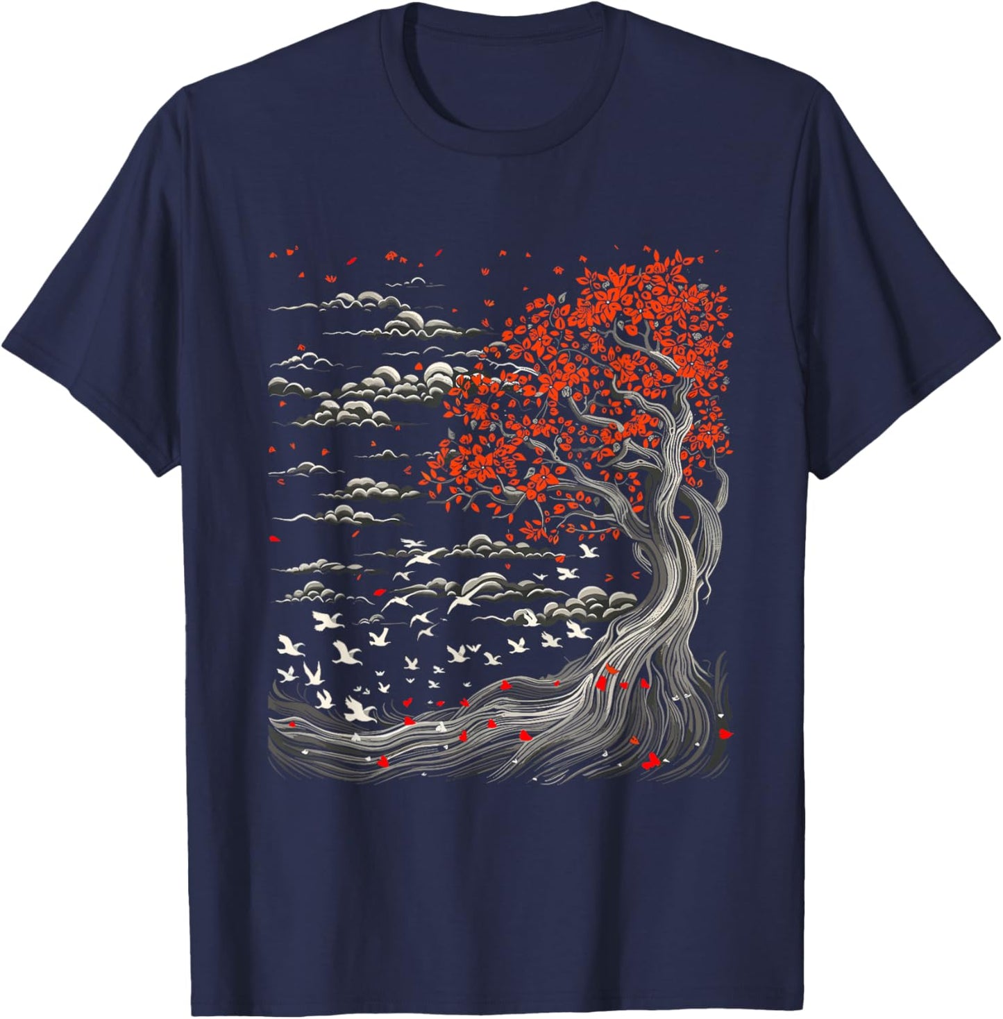 Japanese Tree, Birds, Clouds Art, Natur Lover, Men, Women T-Shirt - T-Shirt | Navy